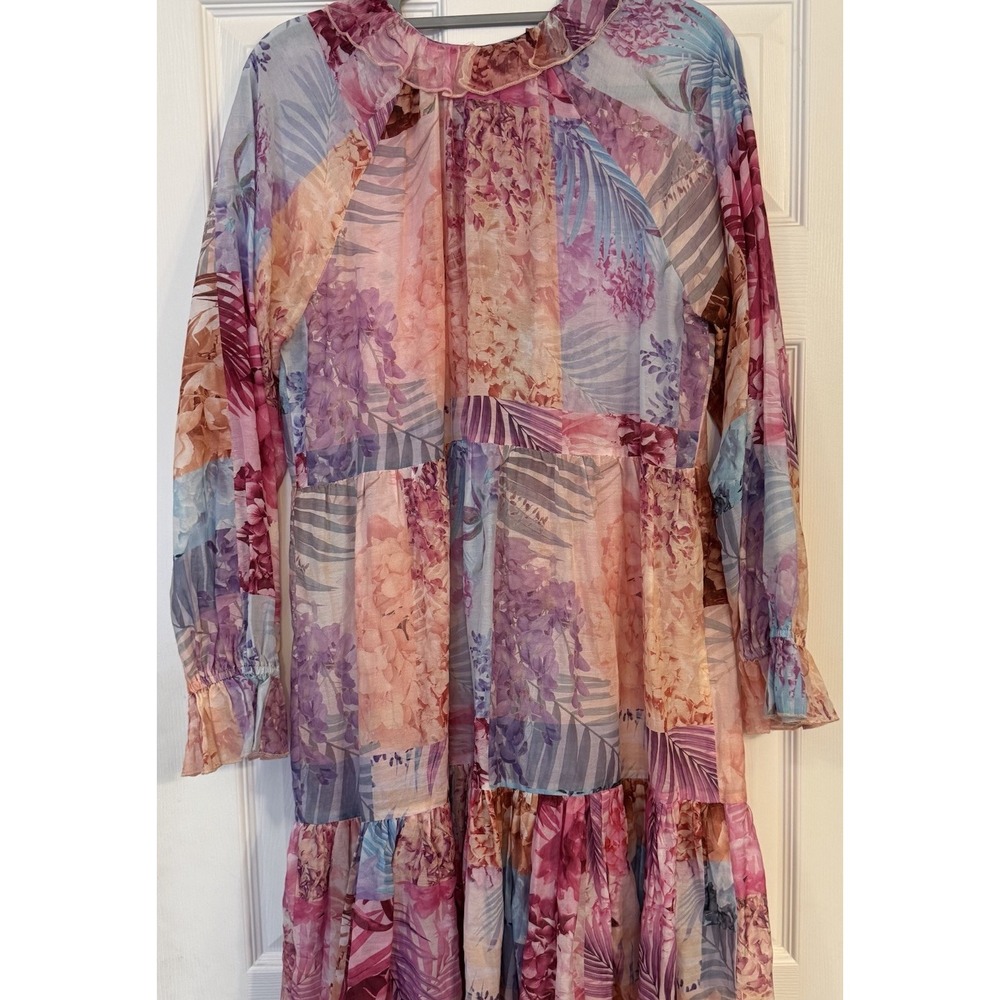 Johnny Was Silk Blend Dress MED Mini Pink Floral Semi-sheer Ruffle Patchwork EUC - Picture 8 of 16